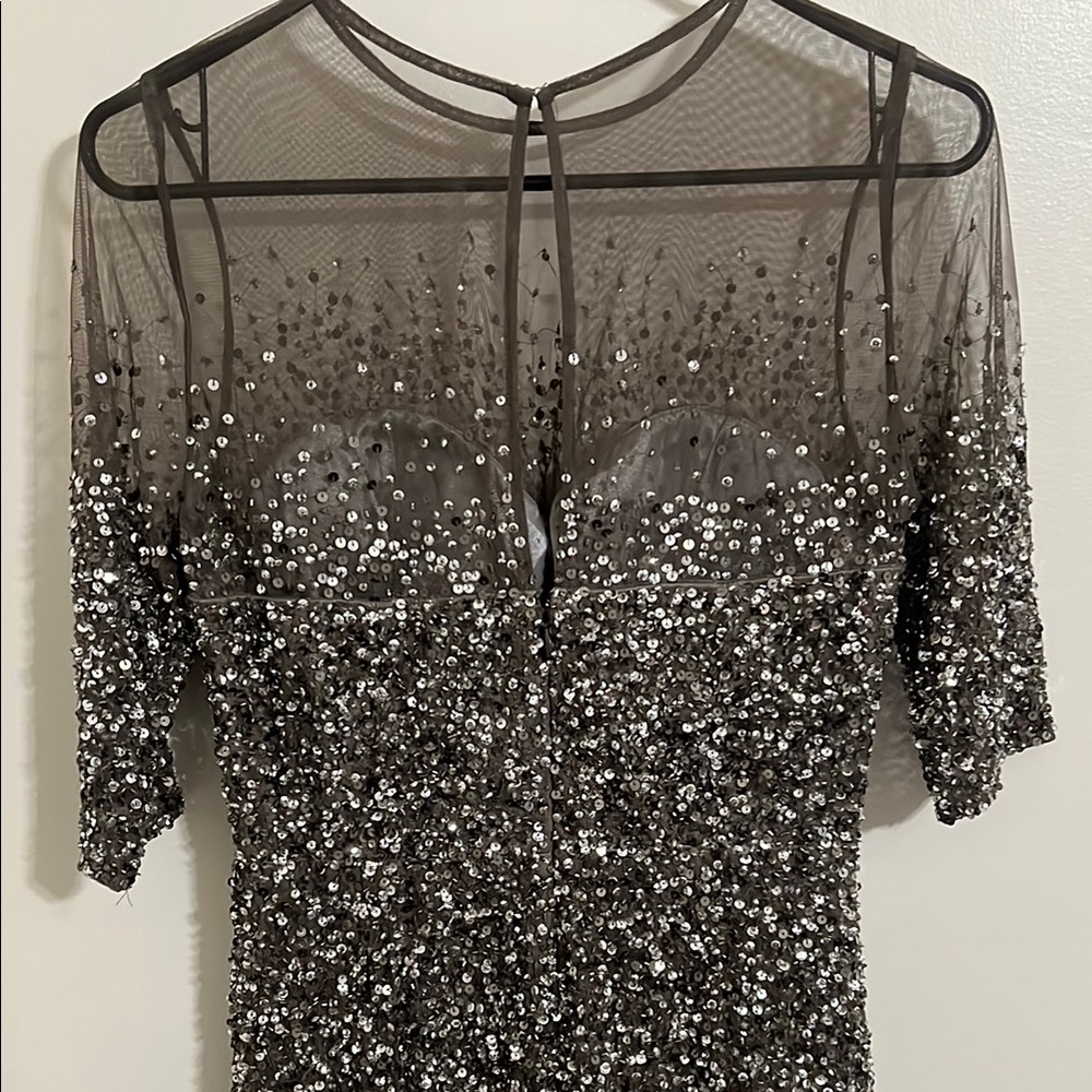 Adrianna Papell Silver Sequin Long Sleeve Mesh Dress - Picture 6 of 8